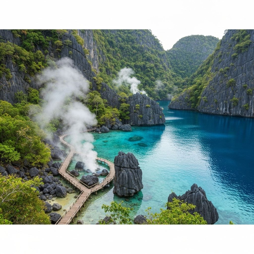 Barracuda Lake with thermal waters and limestone surroundings